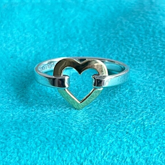 VINTAGE Tiffany & Co 18k Gold & 925 Sterling Silver Open Heart Ring - LNC - Picture 1 of 5